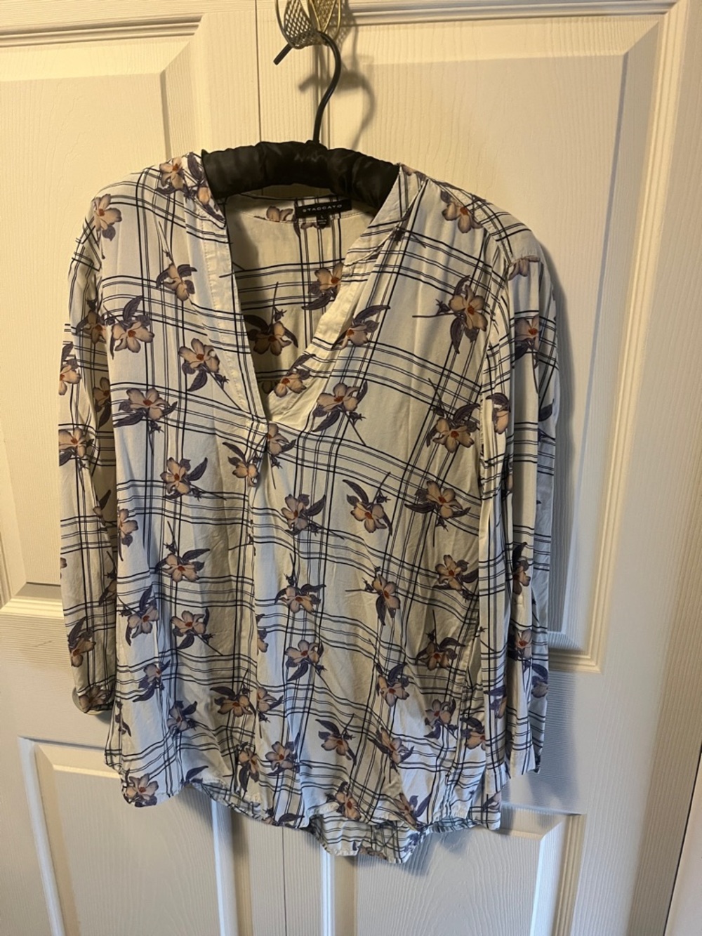 Staccato Cream Blouse with Blue Plaid and Brown Floral Print